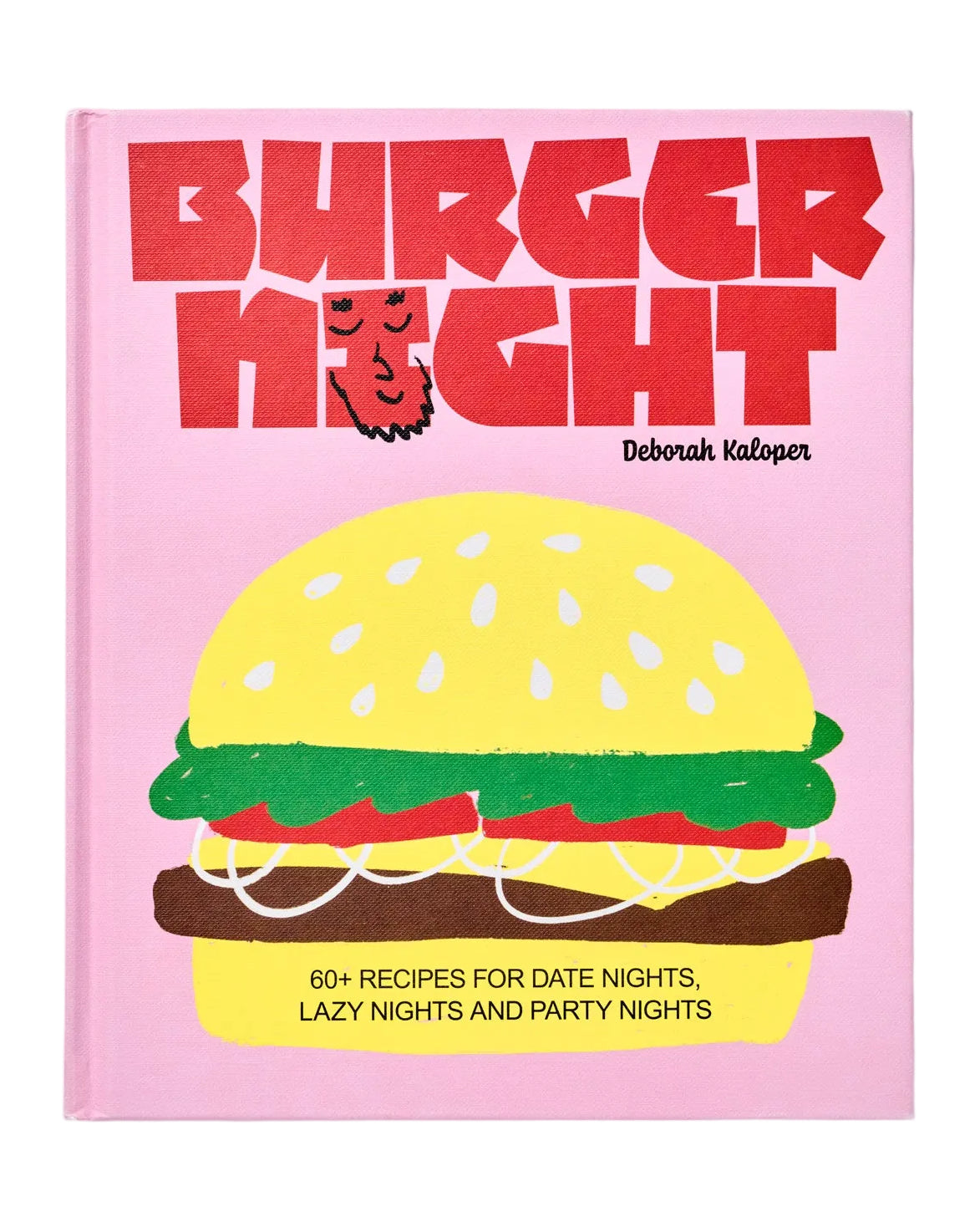 Book titled 'Burger Night' with a pink cover and illustration of a burger on a white background