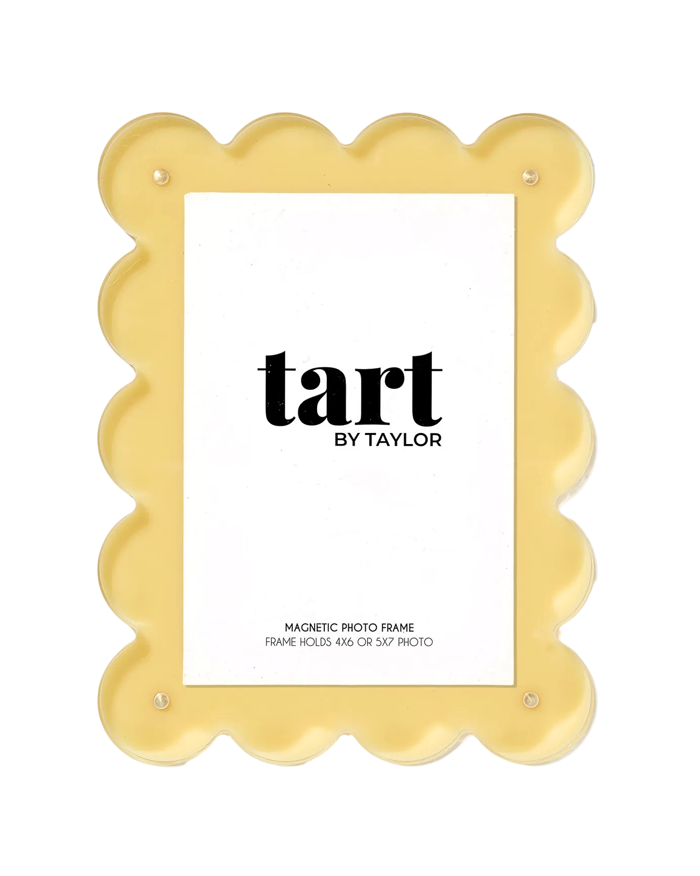 Yellow scalloped photo frame with 'tart by Taylor' branding on a white background