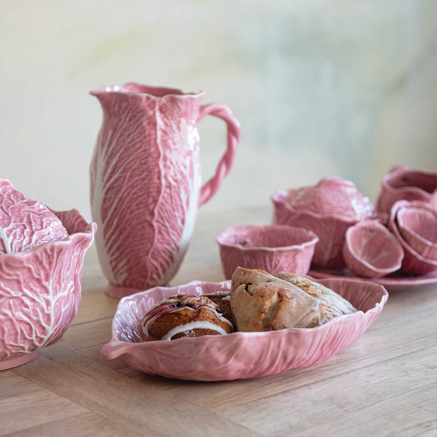 2 Quart Stoneware Cabbage Shaped Pitcher with Twisted Handle, Pink