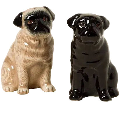 Two ceramic pug figurines, one beige and one black, on a white background.