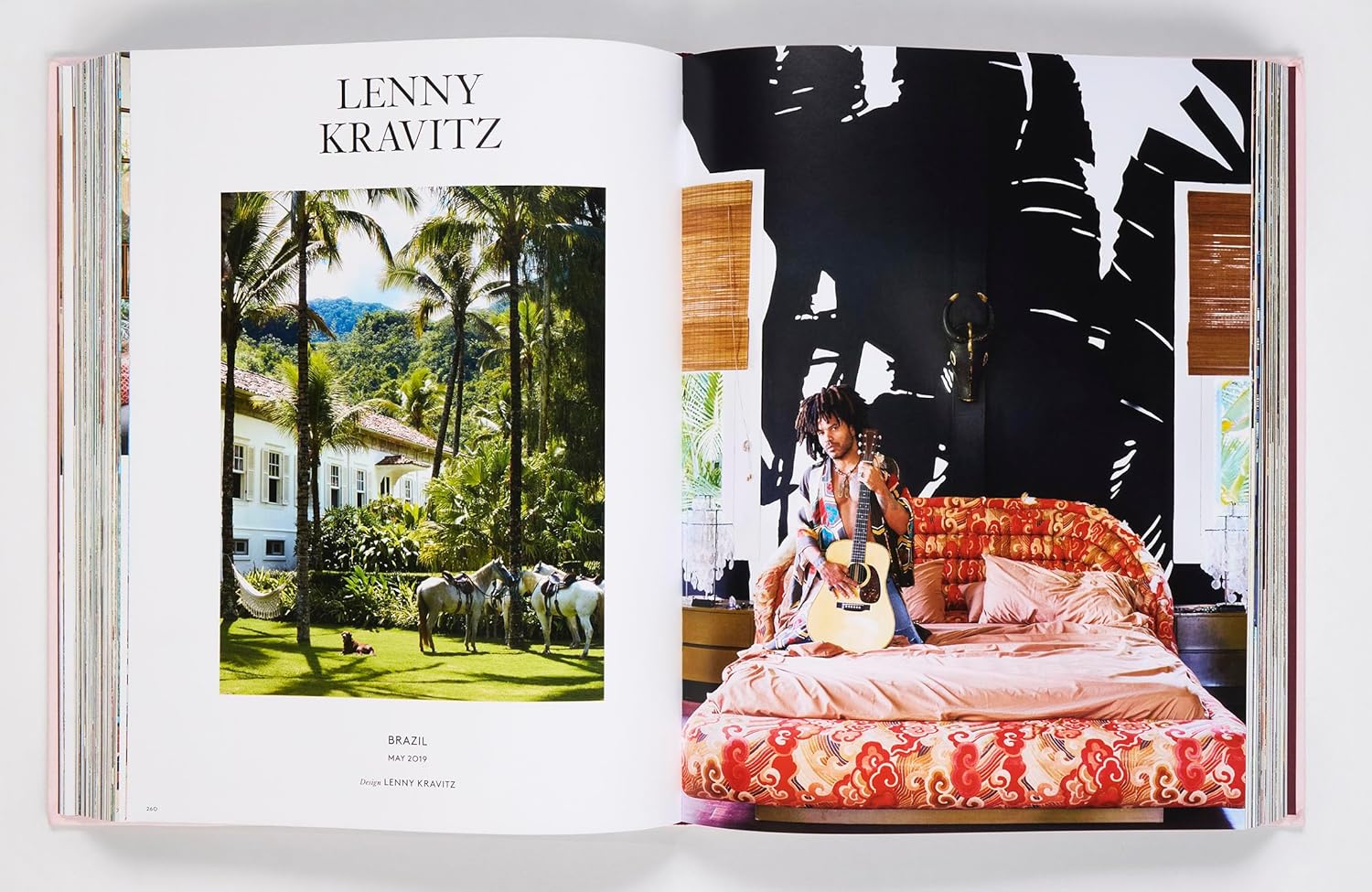 Open book showing a page with a photo of Lenny Kravitz in a tropical setting and another with a person on a bed.