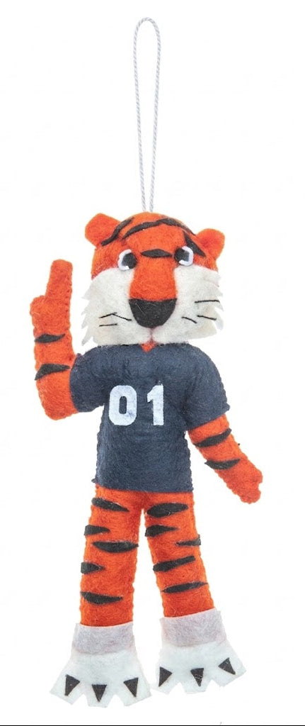 Plush tiger toy with blue jersey and number 01 on a white background