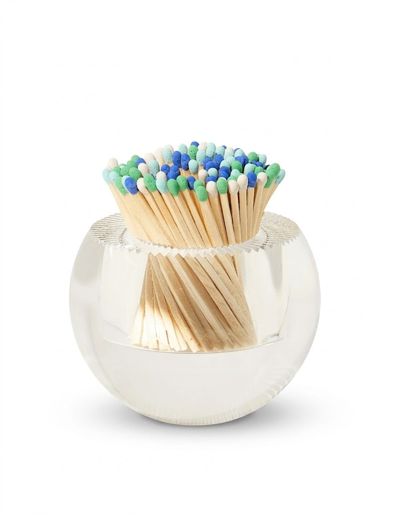 Clear spherical container with colorful matchsticks on a white background