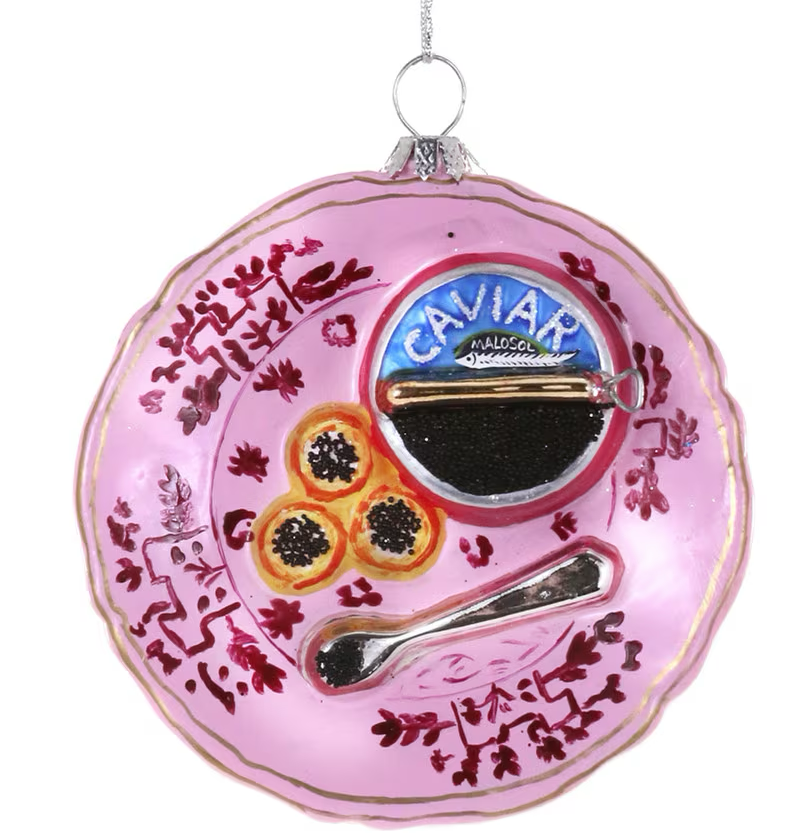 Decorative ornament resembling a caviar dish with pink background inspired by Ginori china