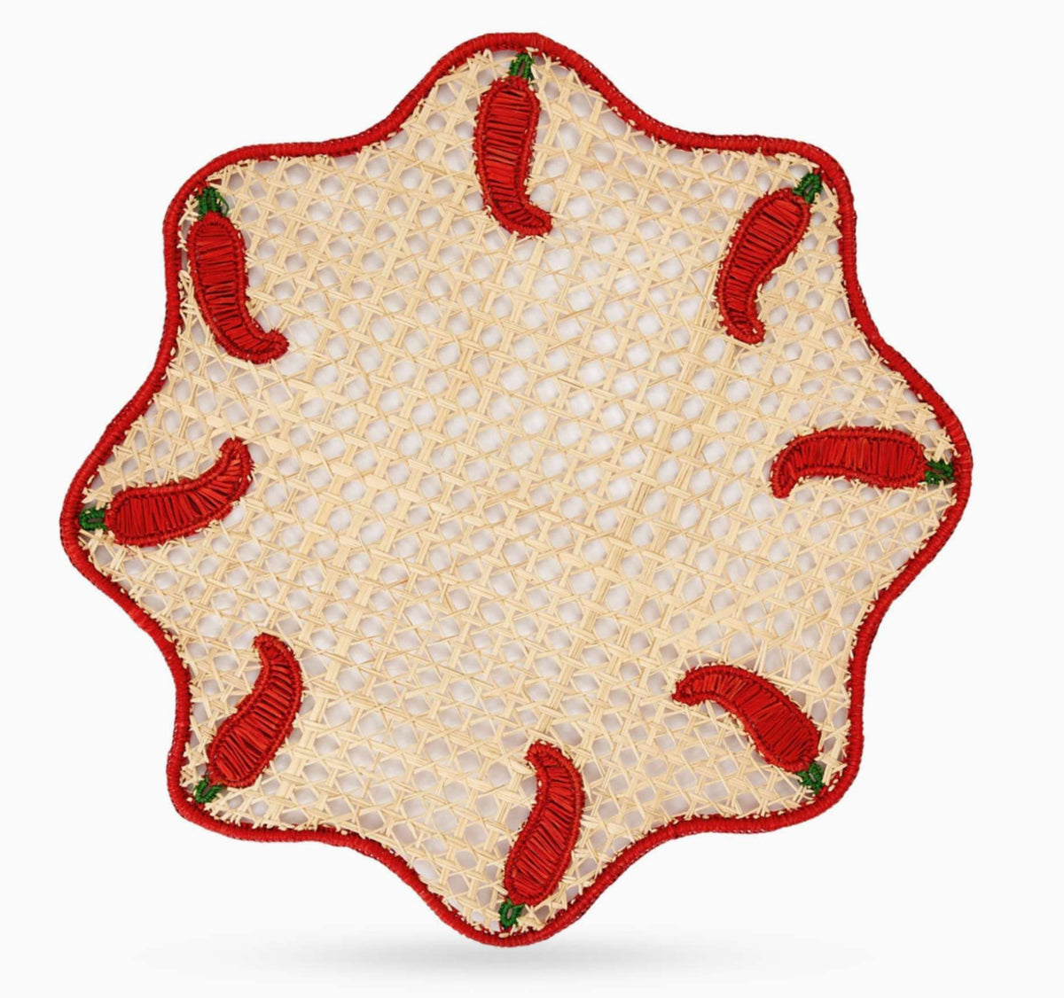 A scalloped round embroidered cushion cover featuring a beige woven-texture center, red embroidered chili pepper motifs around the border, and a red stitched edge, shown on a plain white background.