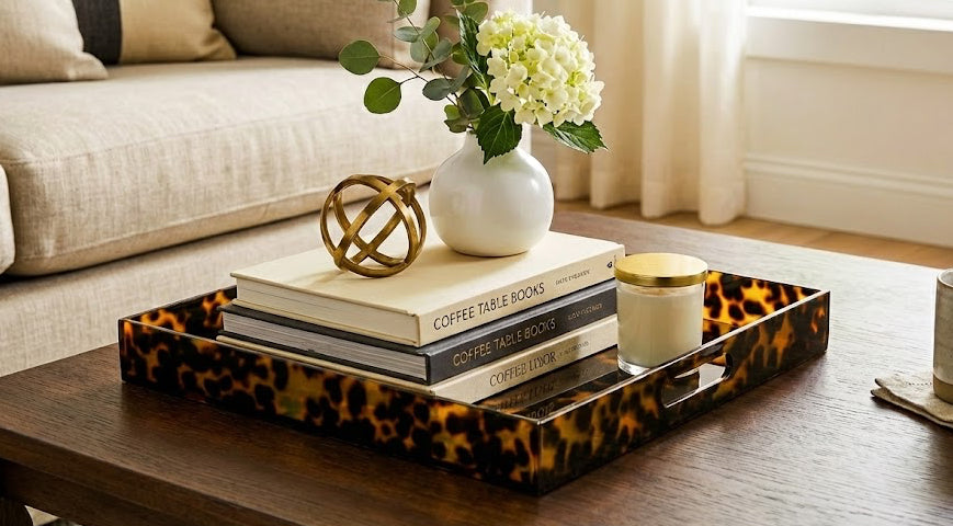 Decorative tray with books, a candle, and a vase on a coffee table in a living room.