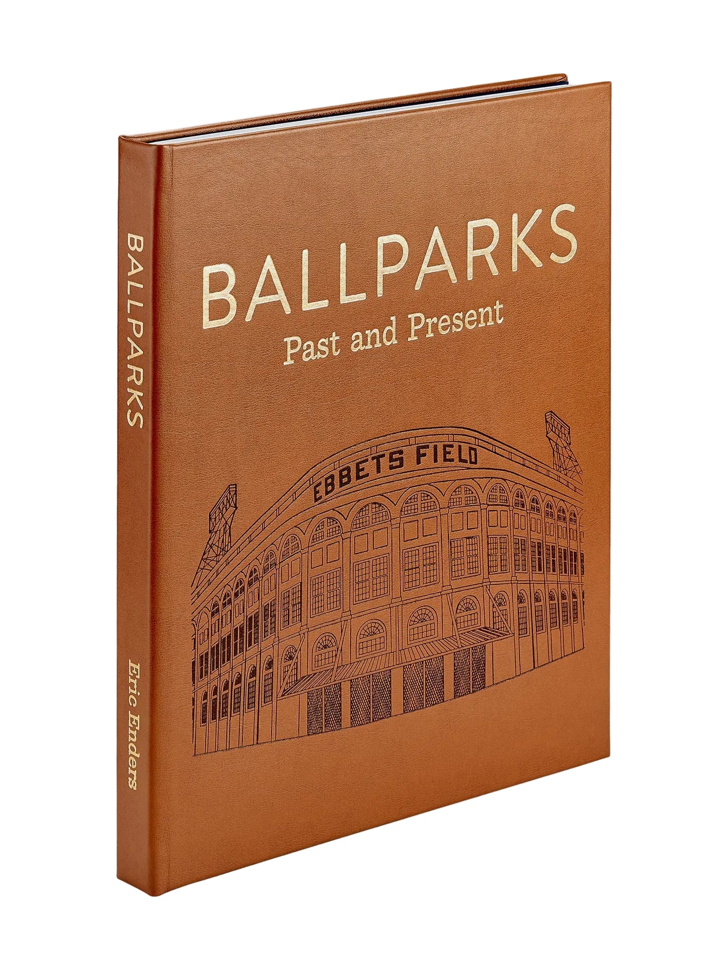 Book titled 'Ballparks: Past and Present' with an illustration of Ebbets Field on a light gray background