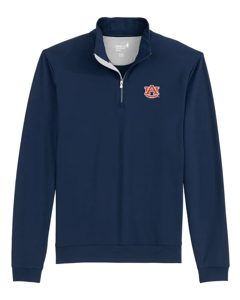 Navy quarter-zip sweatshirt with a logo on a light gray background