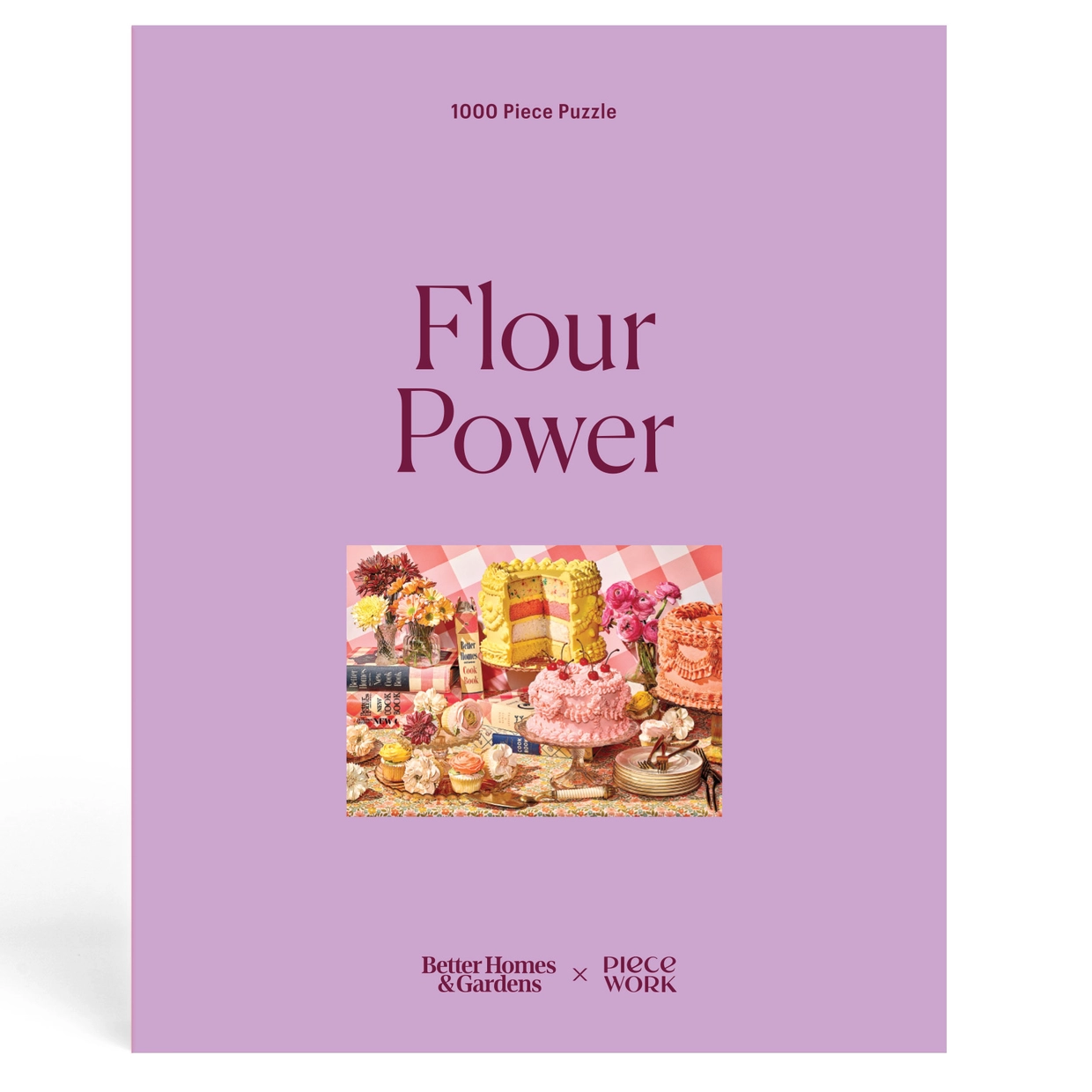 Puzzle box titled 'Flour Power' with images of baked goods on a purple background