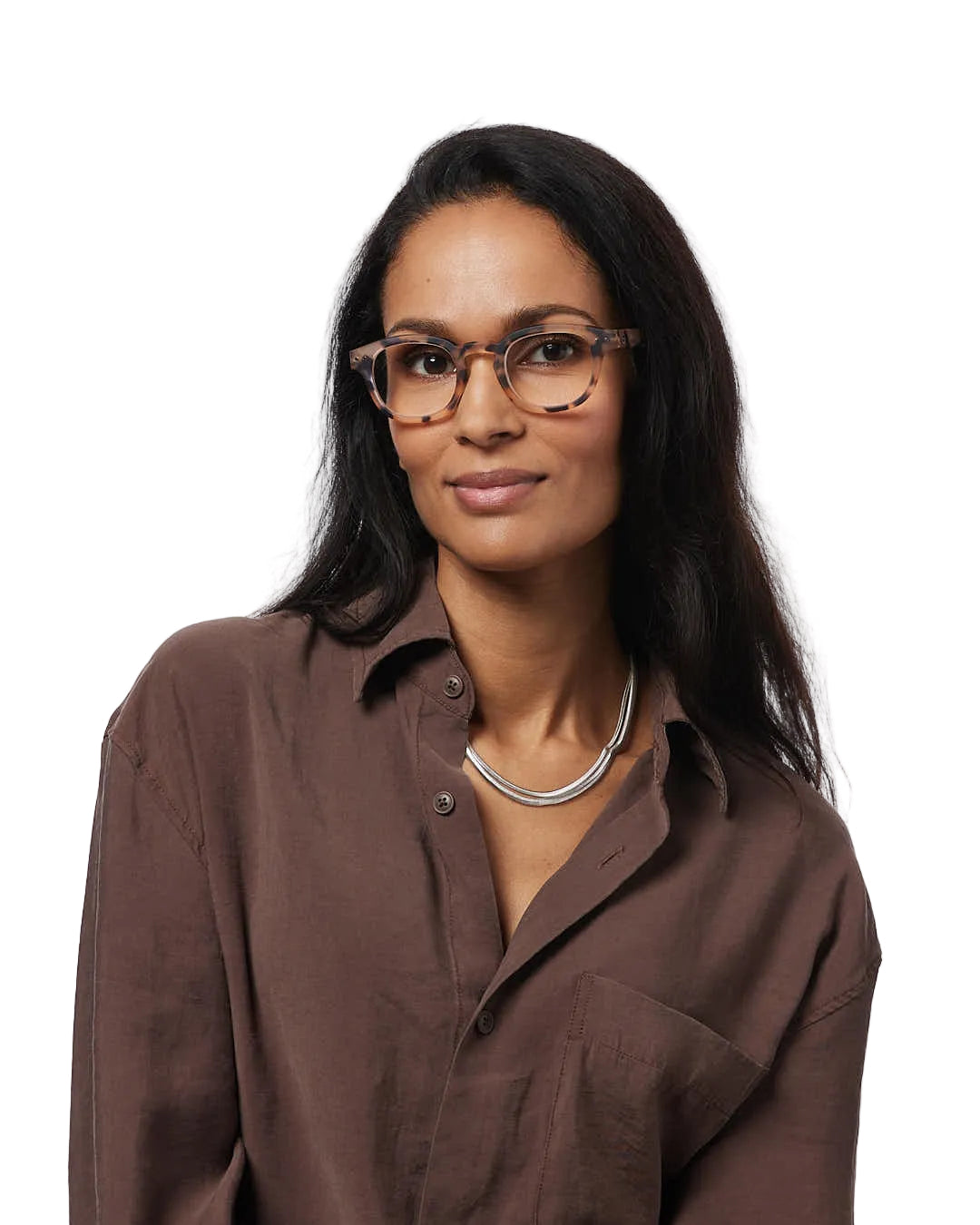 Woman wearing a brown shirt and glasses on a white background