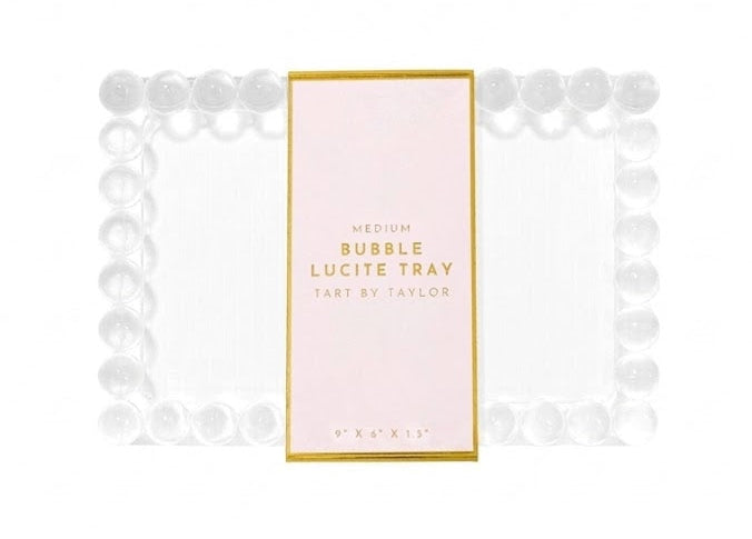 Bubble Lucite tray with pink packaging on a white background