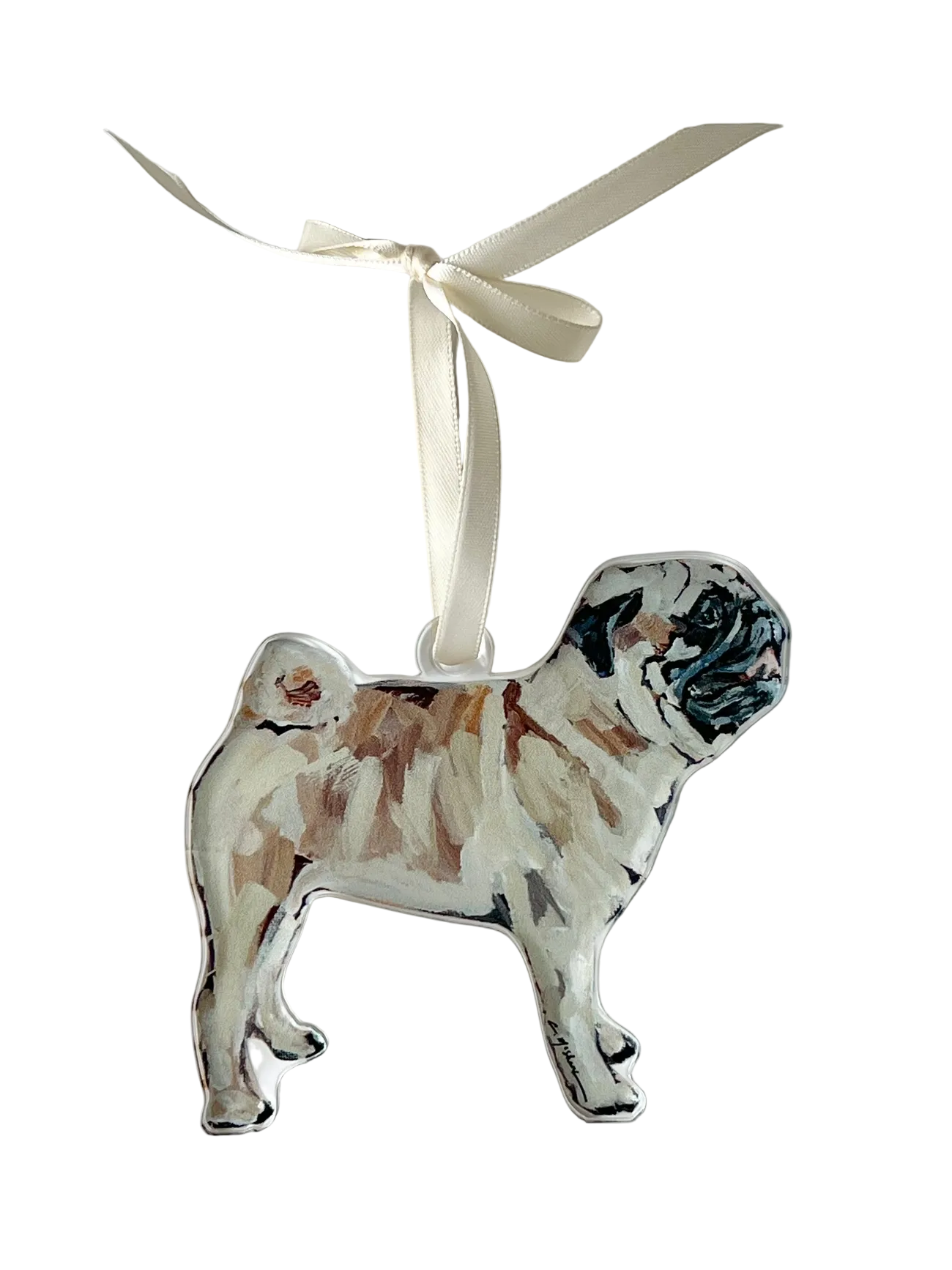 Decorative pug ornament with a ribbon on a light gray background
