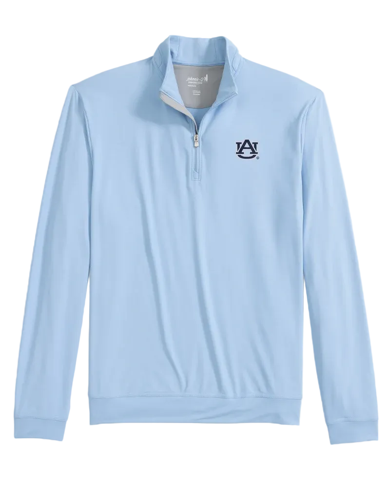 Light blue long-sleeve shirt with a logo on a light gray background