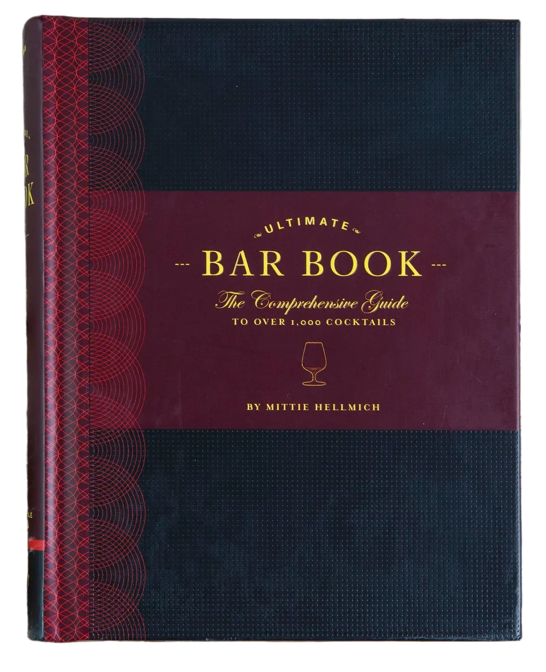 Bar book with maroon and black cover on a wooden surface