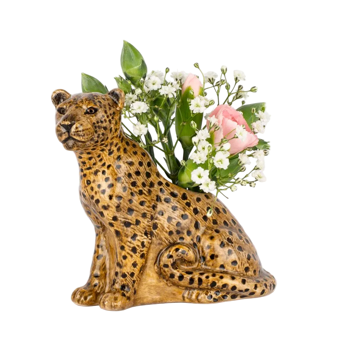 Leopard-shaped vase with flowers on a white background