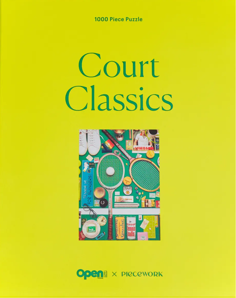 1000 piece puzzle with a green cover titled 'Court Classics' on a partially completed puzzle background.