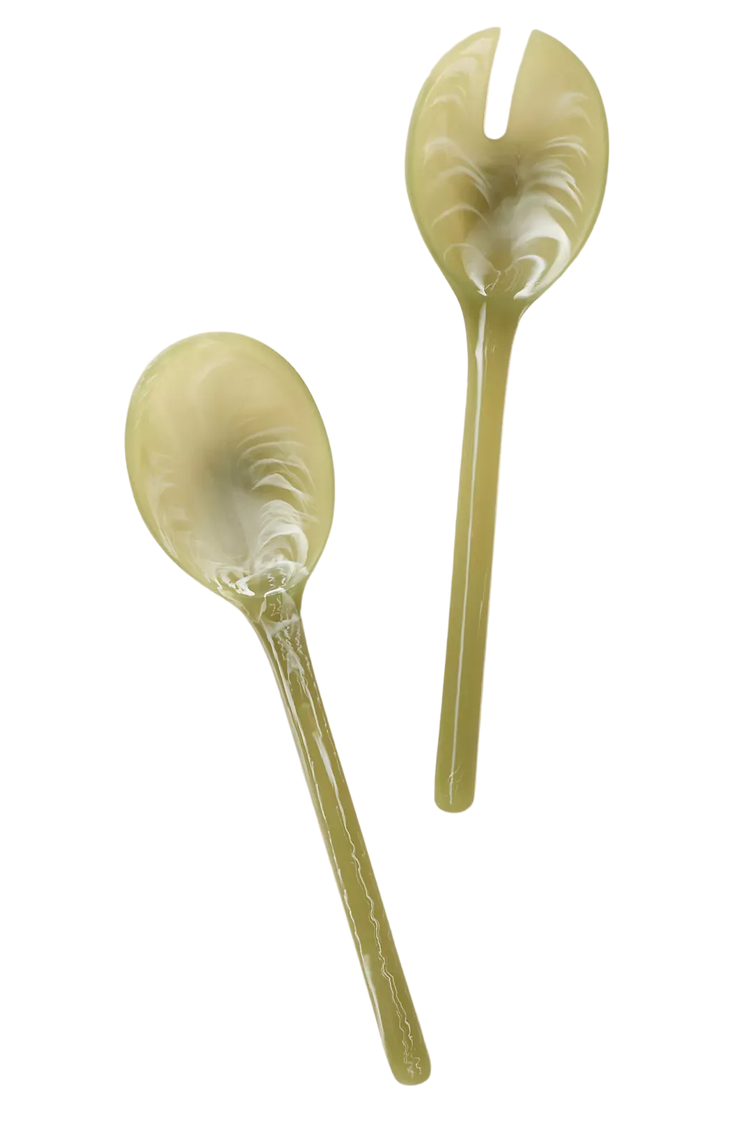 A set of two olive green translucent serving utensils, including a spoon and a serving fork, with a marbled swirl pattern, displayed on a light cream background.