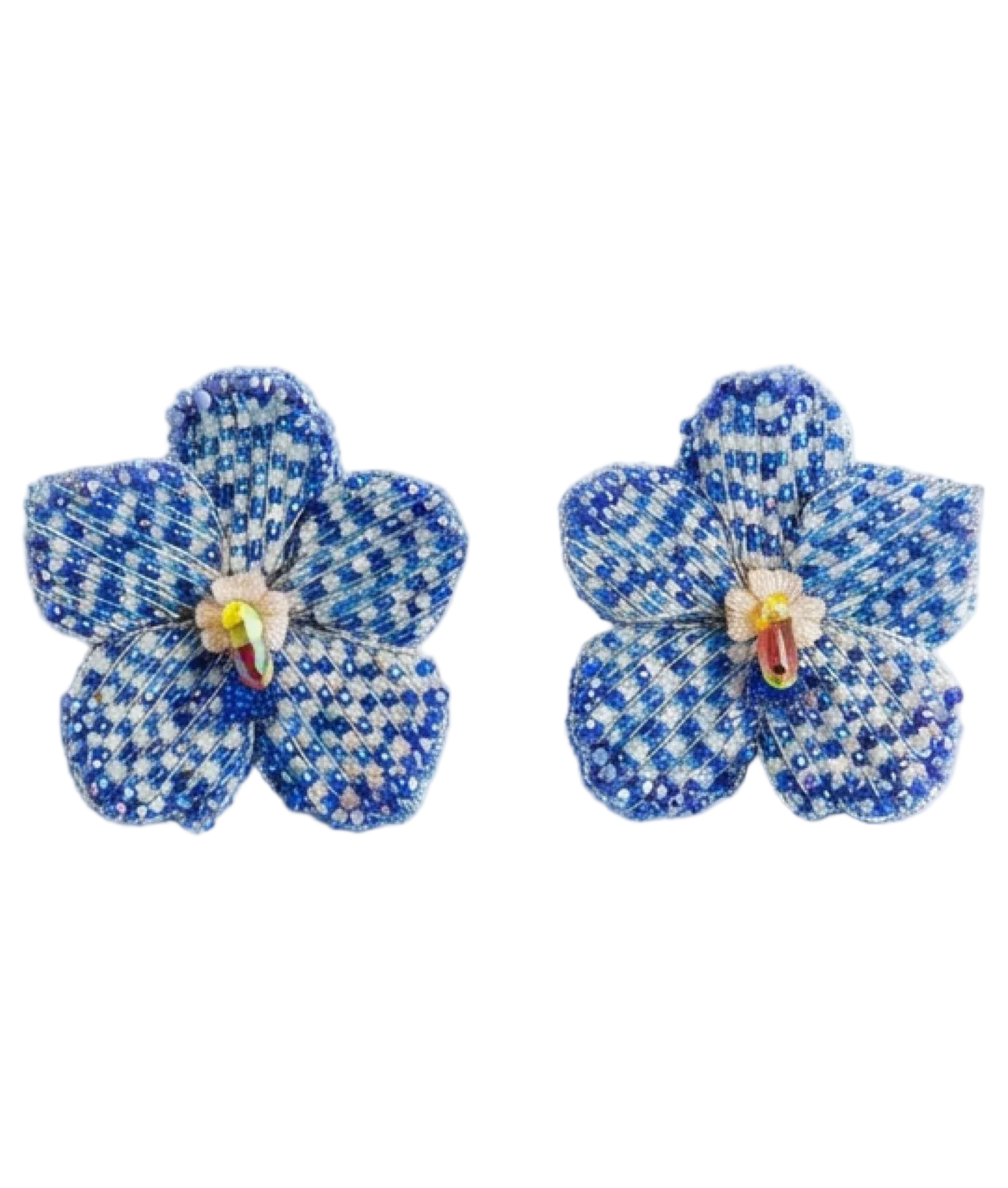 Pair of blue and white checkered flower-shaped earrings on a light gray background