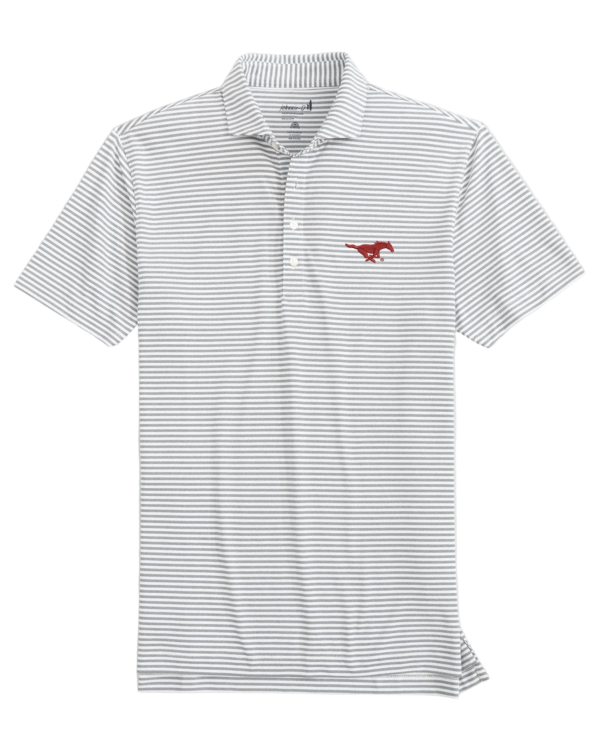 A short-sleeve polo shirt with thin horizontal gray and white stripes, featuring a small Carolina Hurricanes logo on the left chest, displayed on a light gray background.