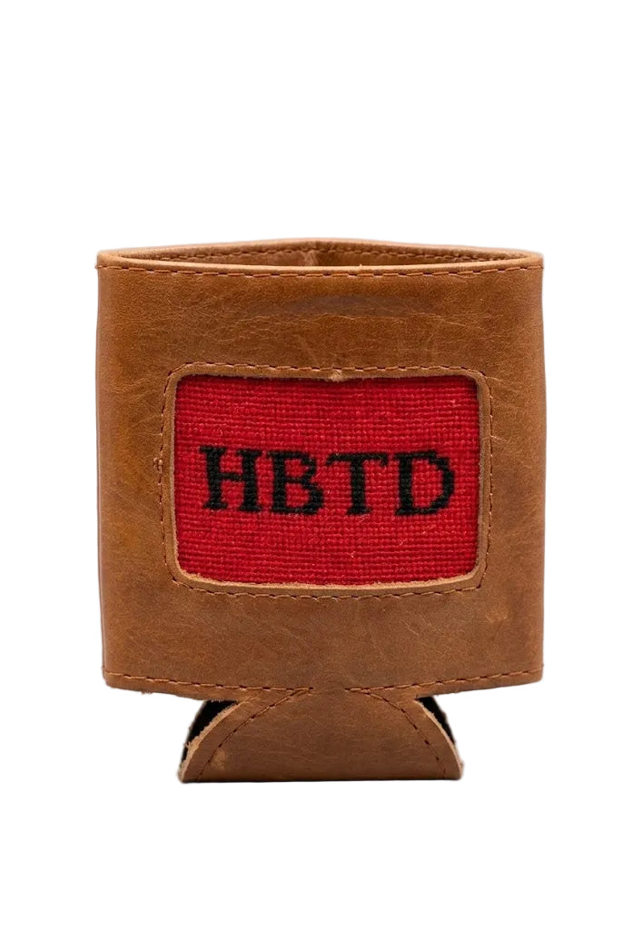 Brown leather can cooler with red square and 'HBTD' text on a gray background