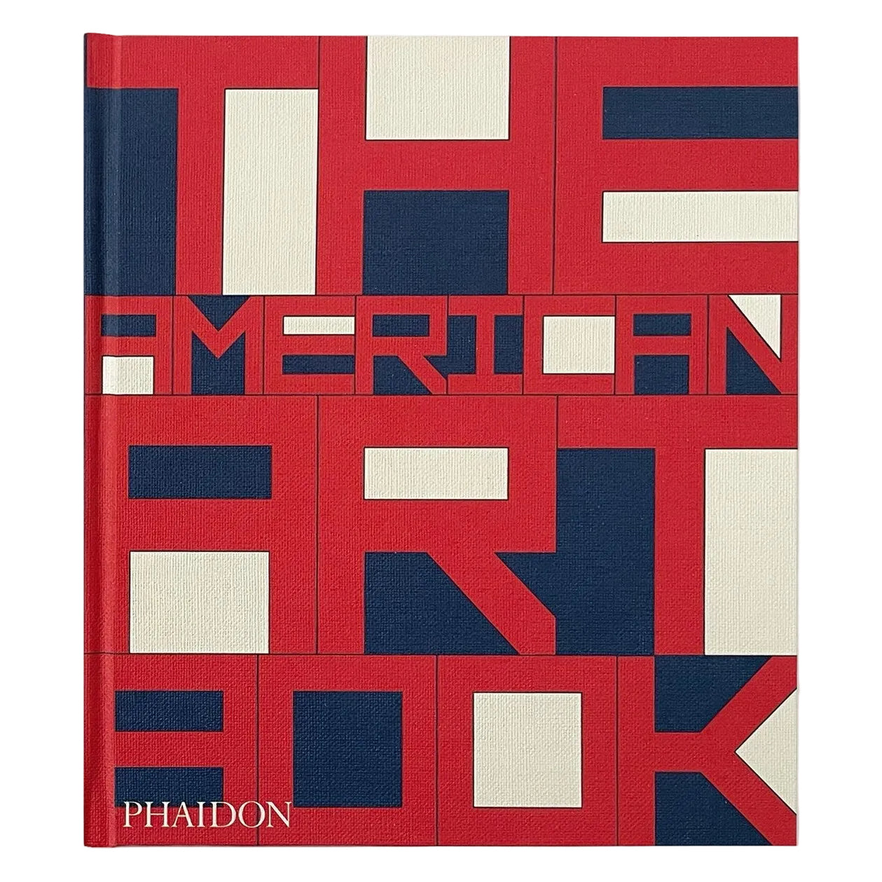 Book cover with geometric red, blue, and beige design on a white background