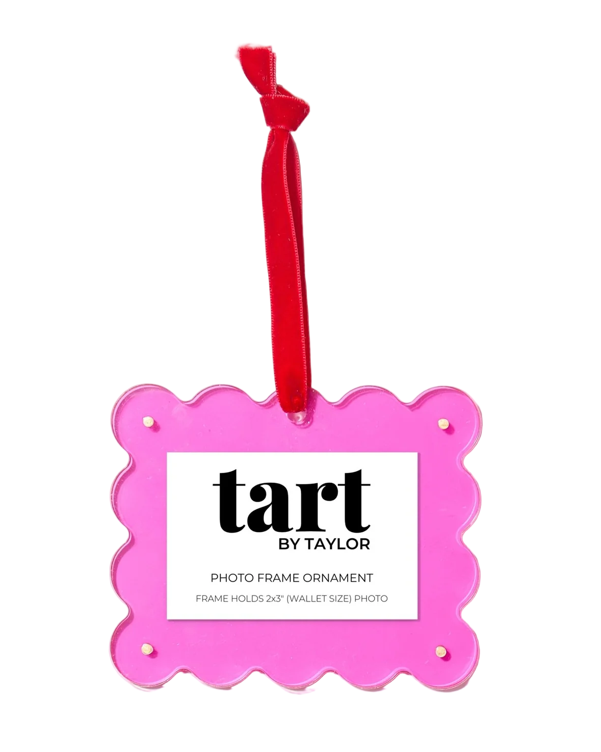 Pink photo frame ornament with red string on a white background, featuring 'tart by Taylor' branding.