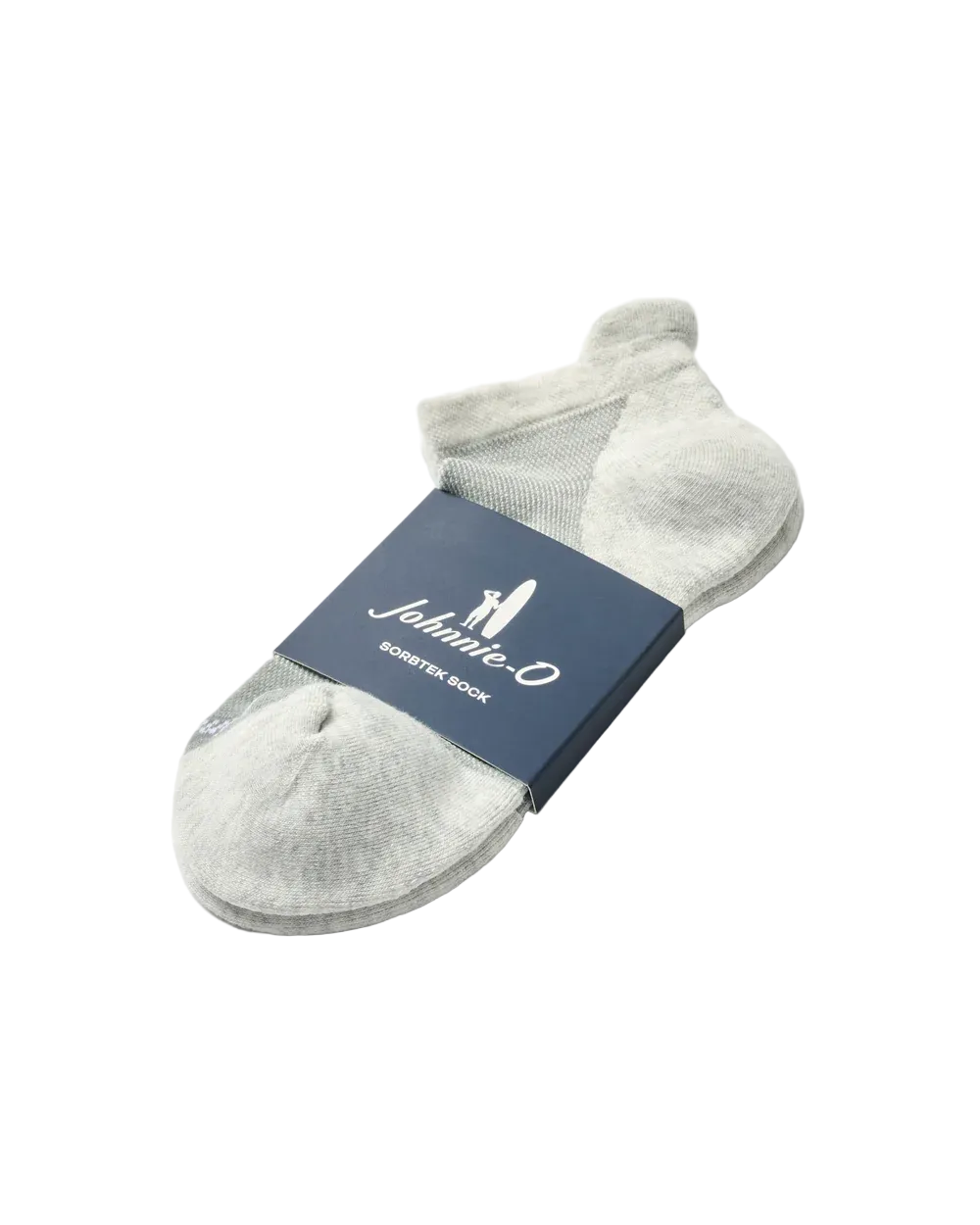 A pair of light gray low-cut ankle socks wrapped in a dark navy blue paper band with the brand name 'Johnnie O' and 'SWIMMER SOCK' printed on it, set against a clean white background.