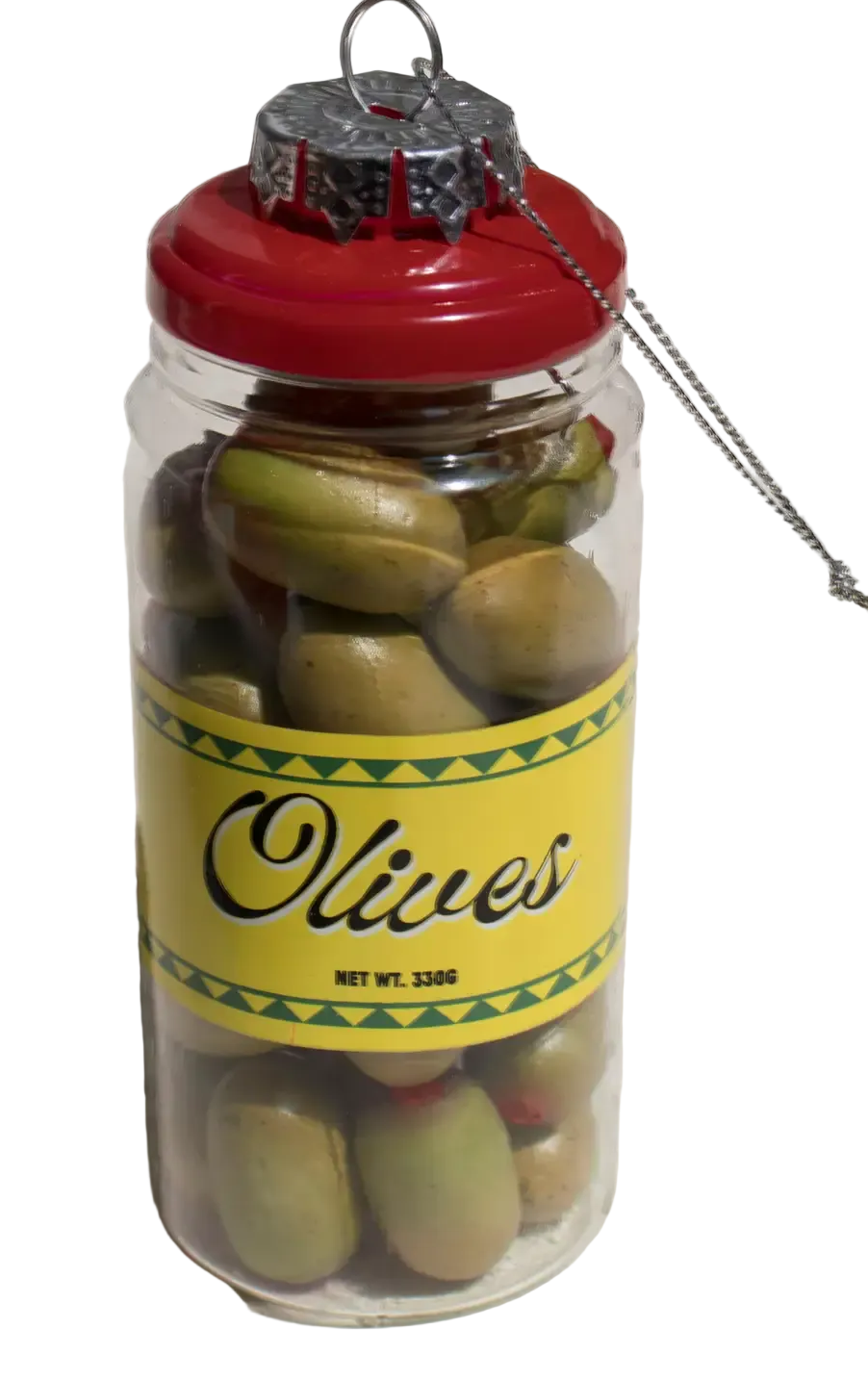 A novelty Christmas ornament shaped like a clear glass jar filled with green olives, topped with a red lid and silver hanging loop, set against a plain off-white background.