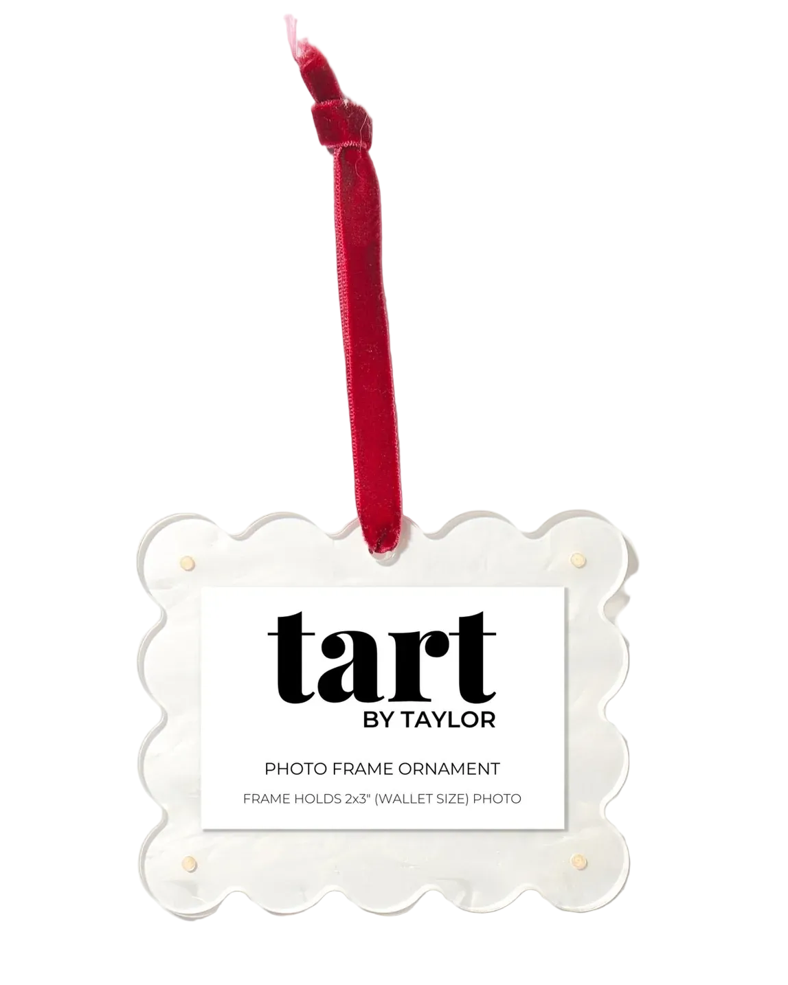 Tart by Taylor photo frame ornament with a red candle on a white background