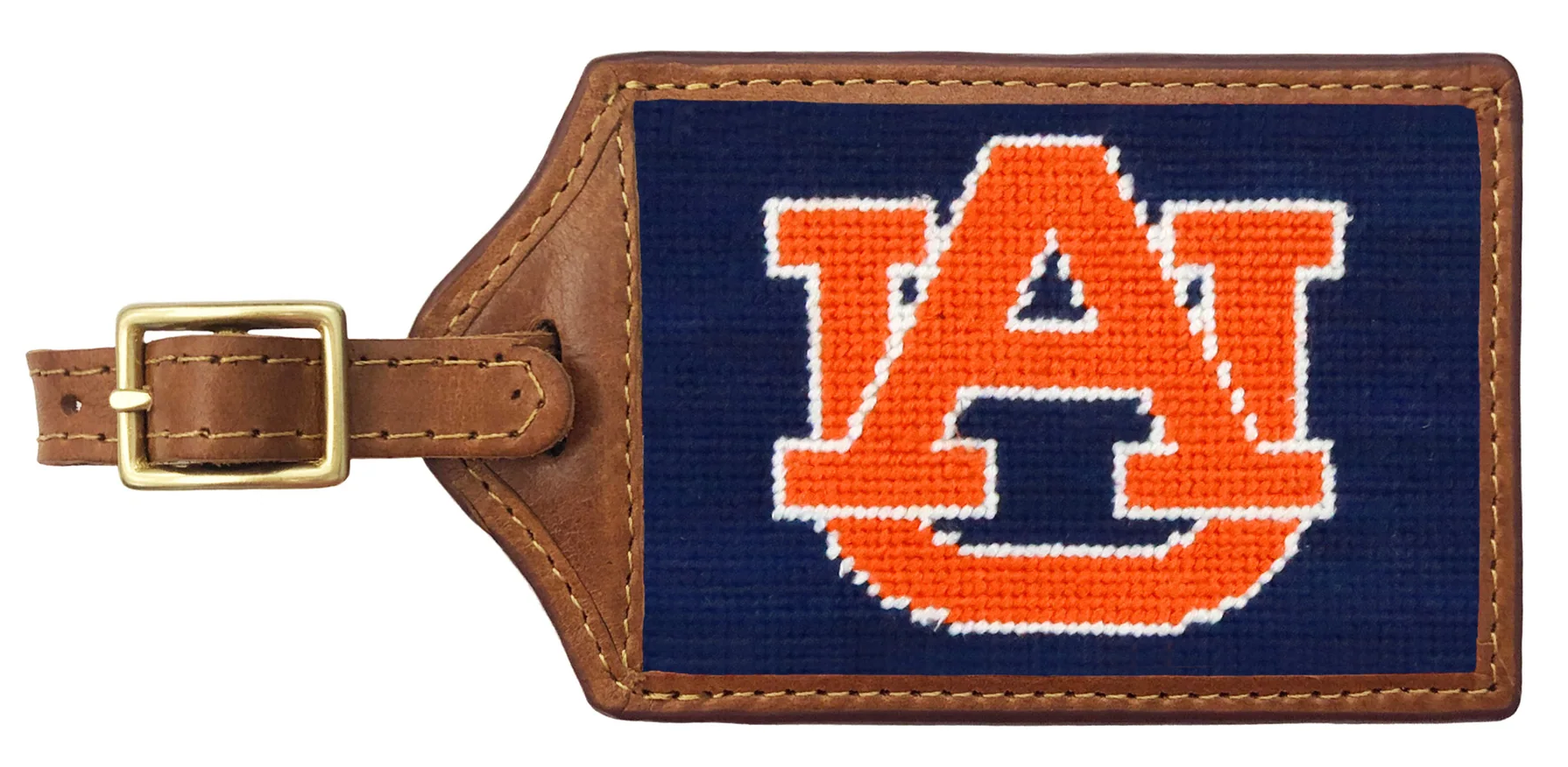 A rectangular leather luggage tag with a navy blue and orange embroidered 'AU' logo on the front, attached to a brown leather strap with a gold-tone buckle, shown on a plain white background.