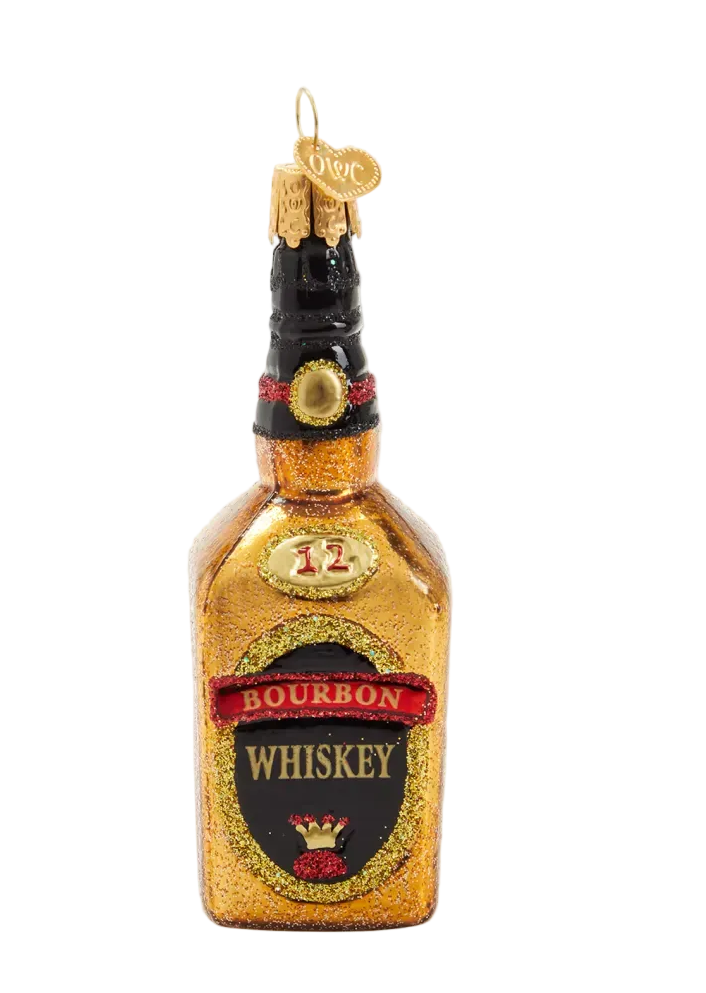 Decorative glass bourbon whiskey bottle ornament on a white background