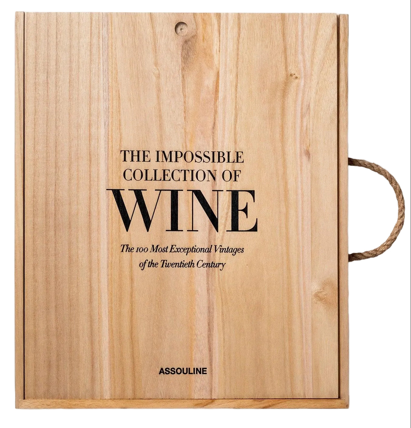 Wooden box with 'The Impossible Collection of Wine' text on a white background