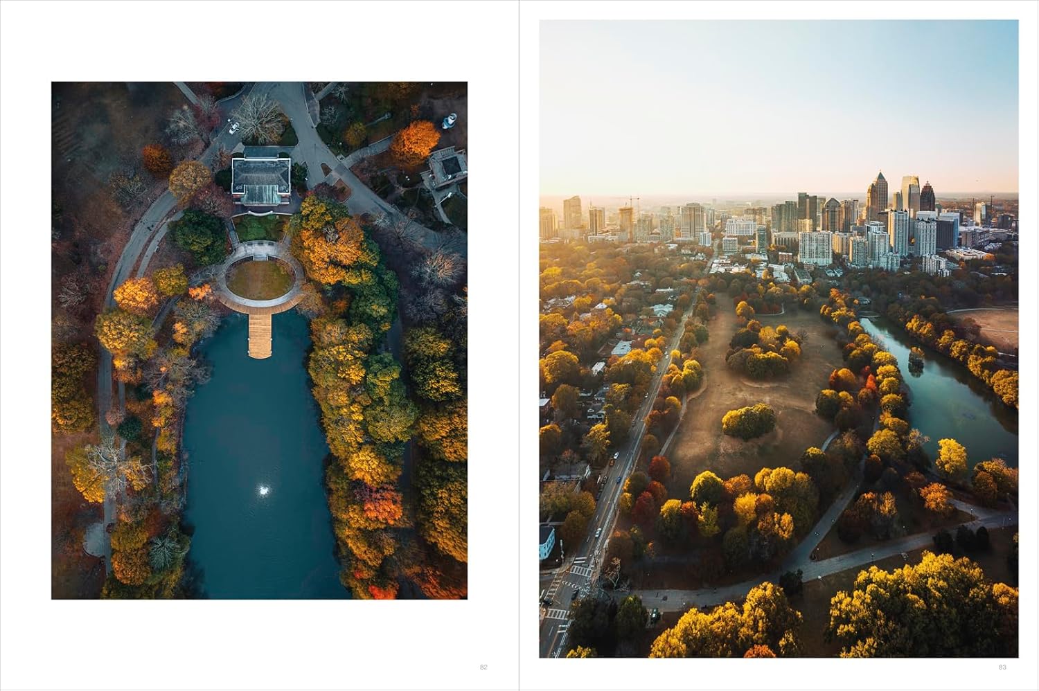 Two aerial views of Piedmont park with trees and water, one with a cityscape in the background.