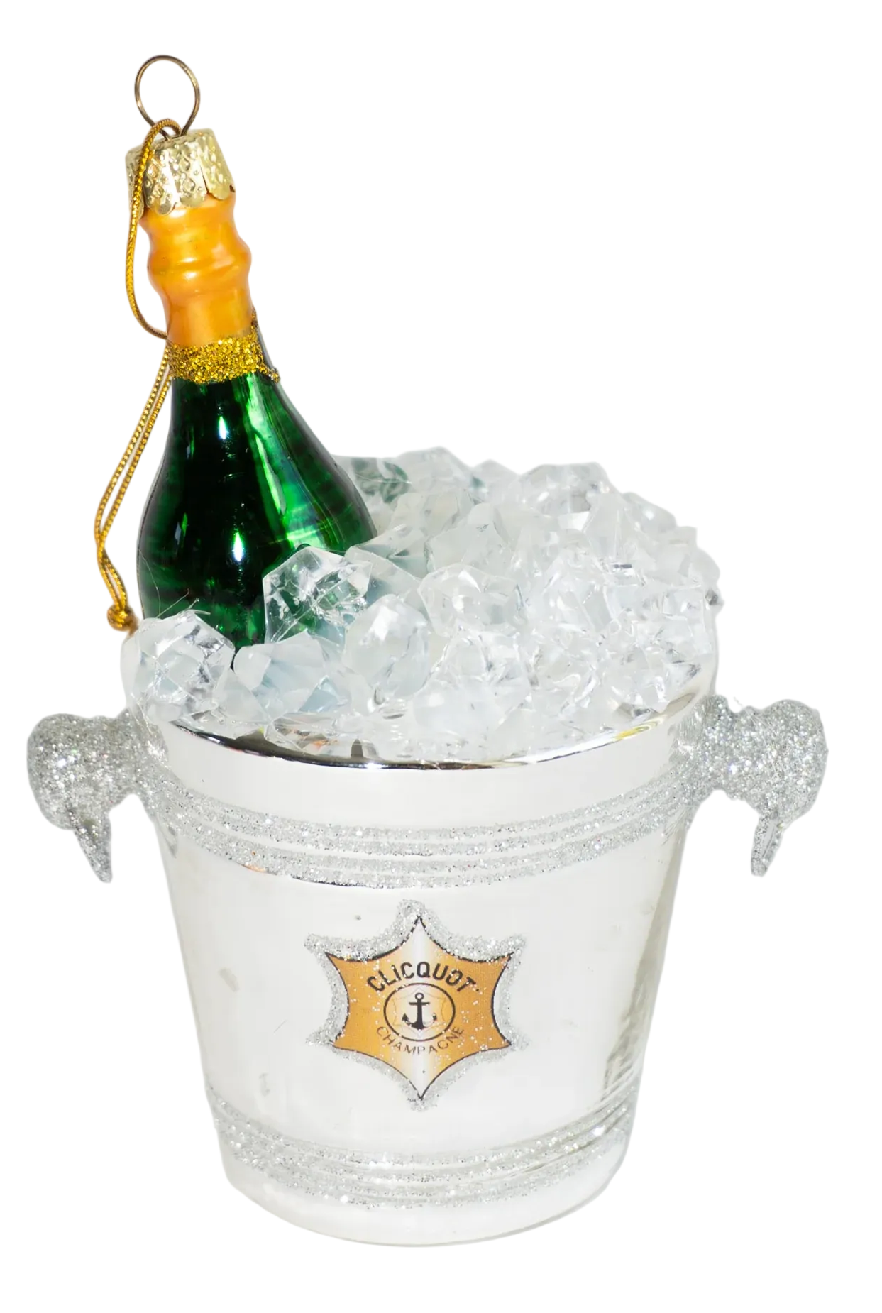 Decorative ornament of a bottle of champagne in an ice bucket with a sheriff's badge label on a white background