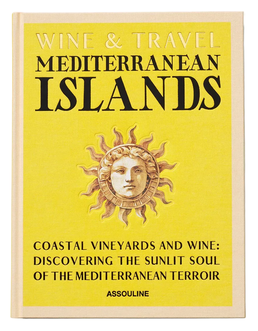 Book cover of 'Wine & Travel Mediterranean Islands' with a yellow background and sun design.