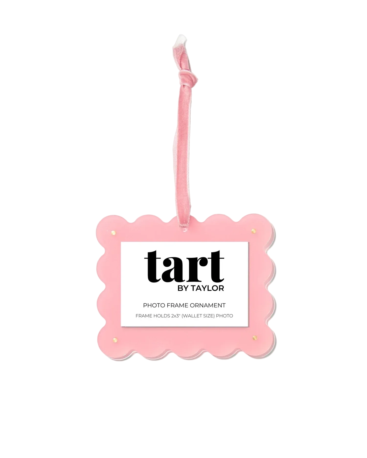 Pink photo frame ornament with 'tart by Taylor' label on a white background