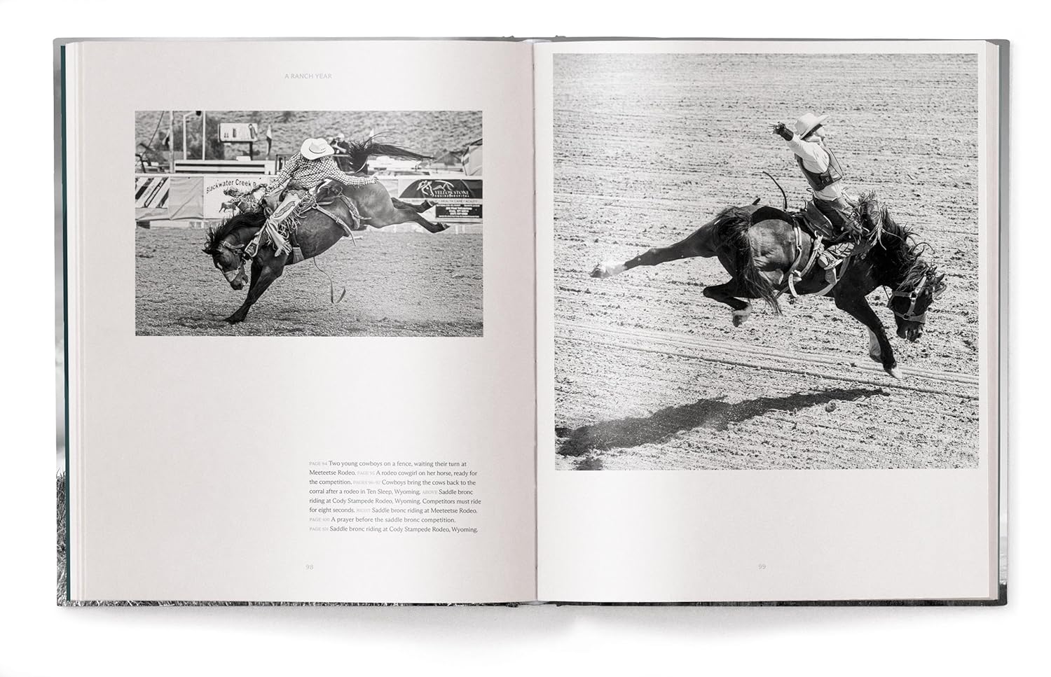 Open book showing black and white photographs of a person riding a bucking horse.