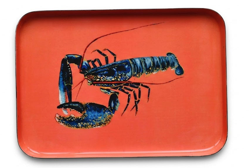 Rectangular tray with a blue lobster design on an orange background