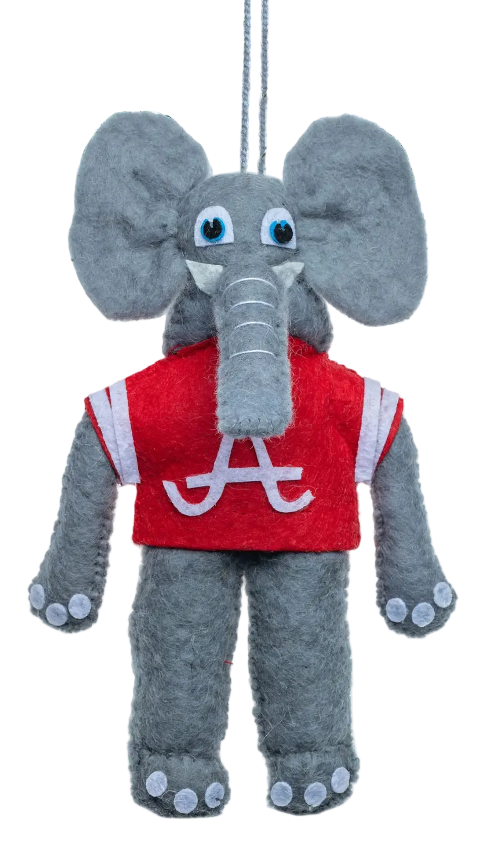 A gray plush elephant Christmas ornament wearing a red jersey with a white letter 'A' logo, hanging from a tree branch against a white background.