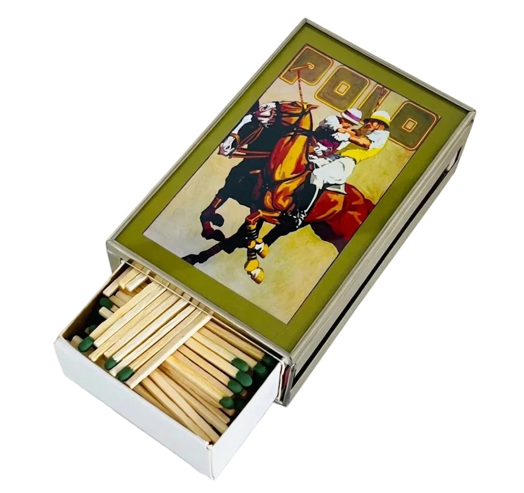Matchbox with a vintage-style illustration of a horse and rider on a white background