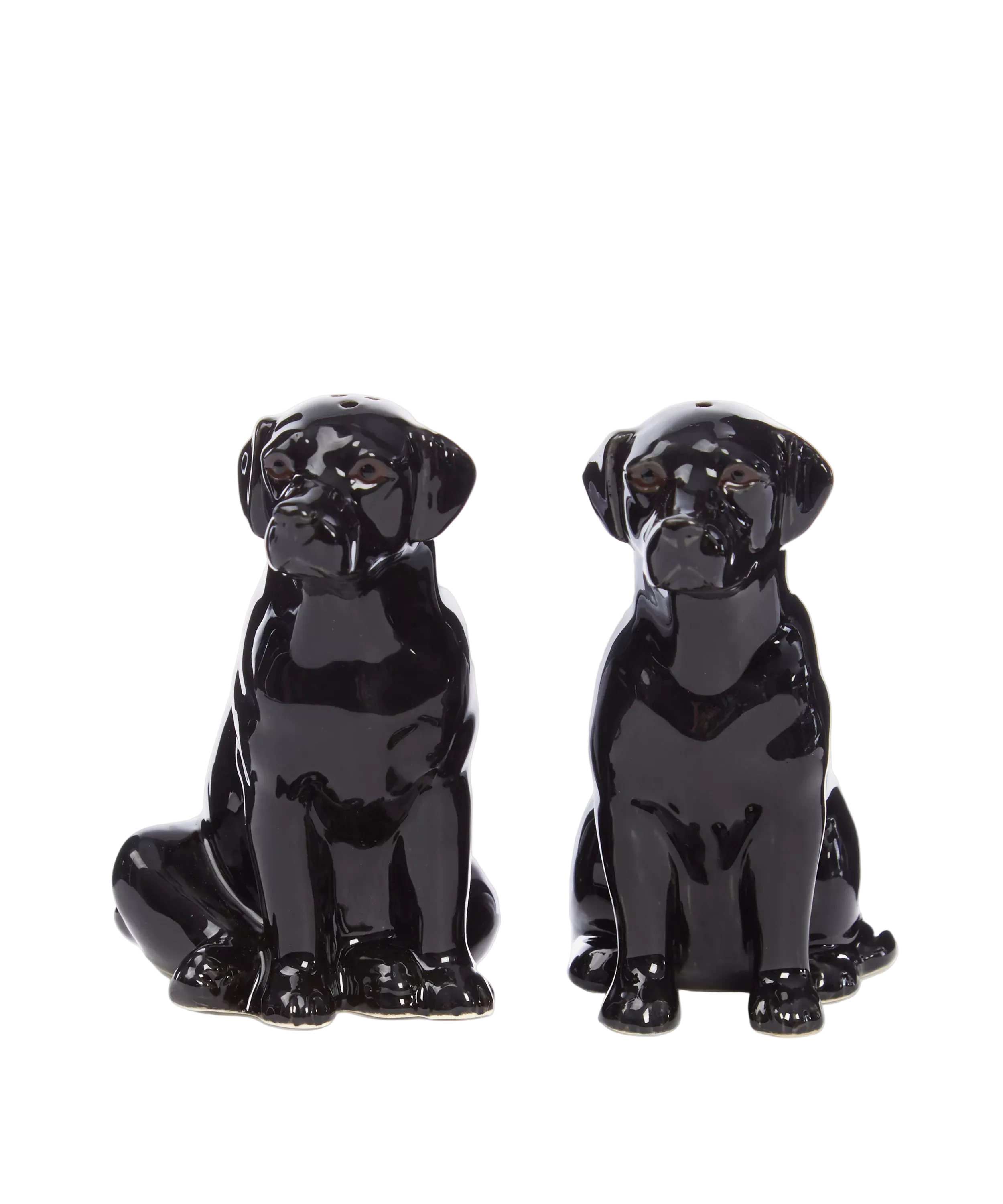 Two black ceramic dog figurines on a white background