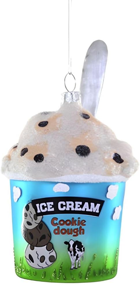 A novelty ice cream cup ornament shaped like a Cookie Dough flavor ice cream container, with a plush cream-colored top, chocolate chip details, and a blue-to-green gradient cup printed with 'ICE CREAM Cookie dough' text and cartoon graphics.