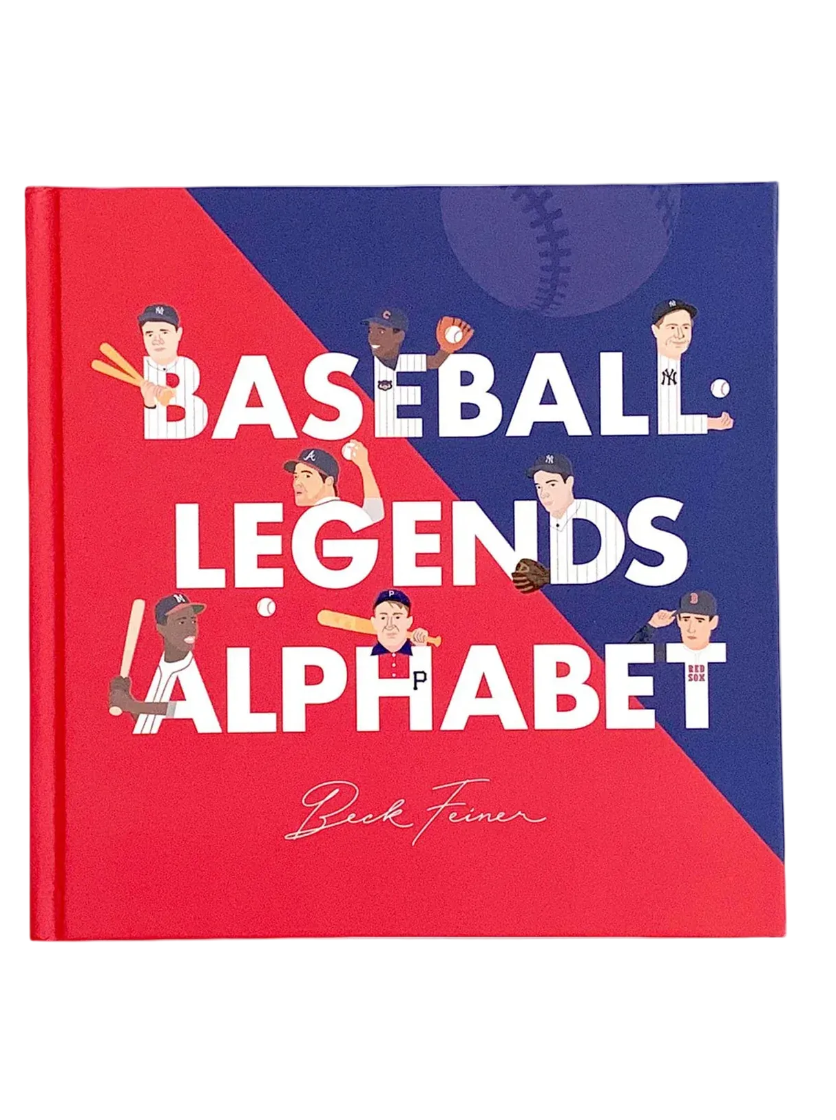 Book titled 'Baseball Legends Alphabet' with red and blue cover and illustrations of baseball players.