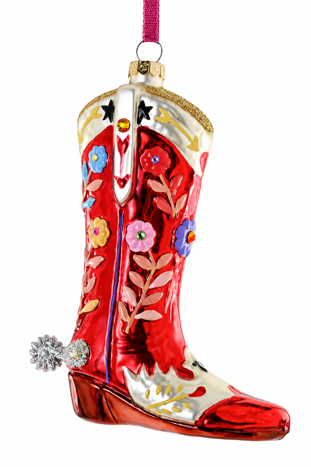 A red and white cowboy boot Christmas ornament with colorful floral details, a silver rhinestone chukka bootie, and a pink hanging ribbon, shown on a white background.