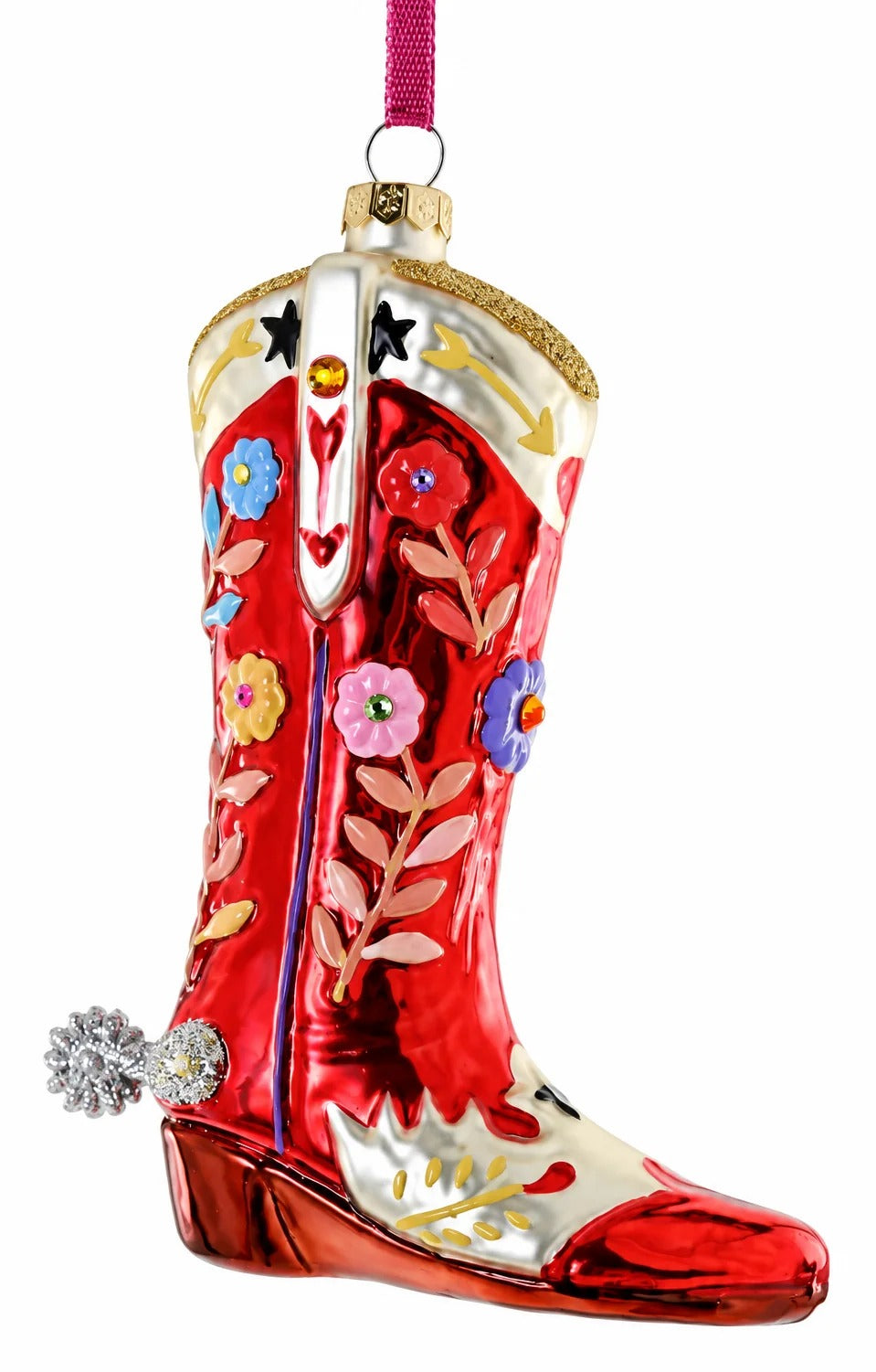 A red and white cowboy boot Christmas ornament with colorful floral details, a silver rhinestone chukka bootie, and a pink hanging ribbon, shown on a white background.