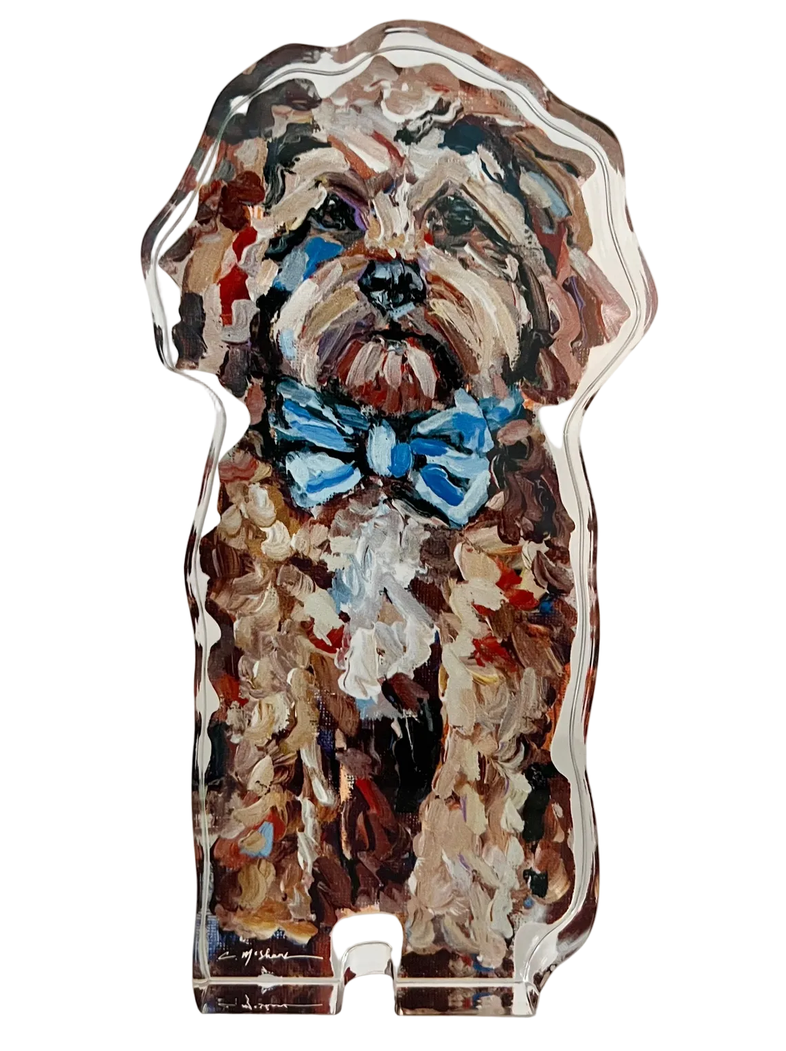 Artistic depiction of a dog with a blue bow tie on a white background