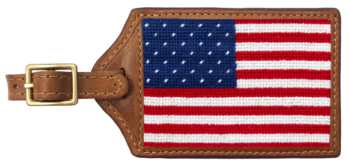 Luggage tag with American flag design on a white background