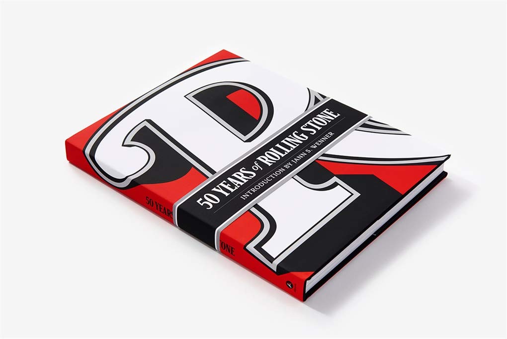 A book cover featuring the title '50 Years of Rolling Stone: The Music, Politics, and People Who Changed Our Culture' with a red and black color scheme and the Rolling Stone logo.