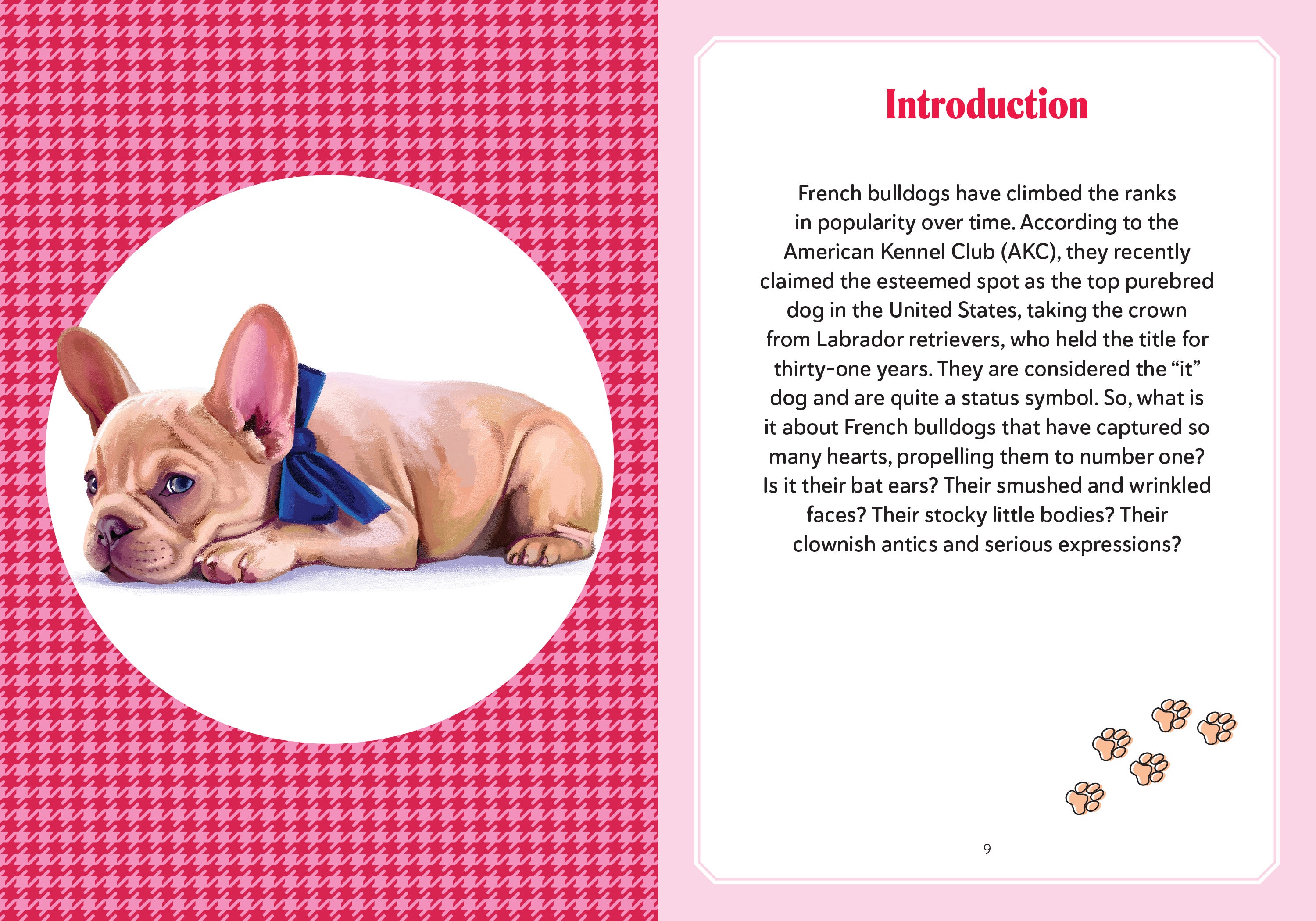 Book page with a French bulldog illustration and text on a pink houndstooth patterned background