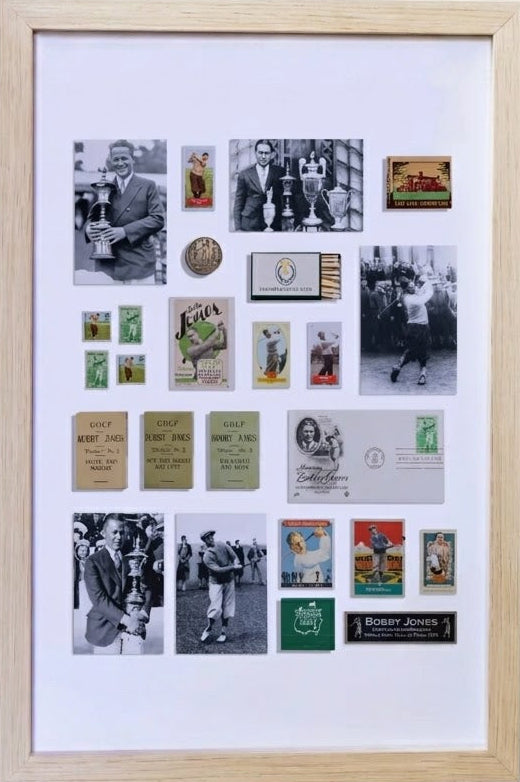 Collage of vintage photos and memorabilia in a wooden frame on a white background